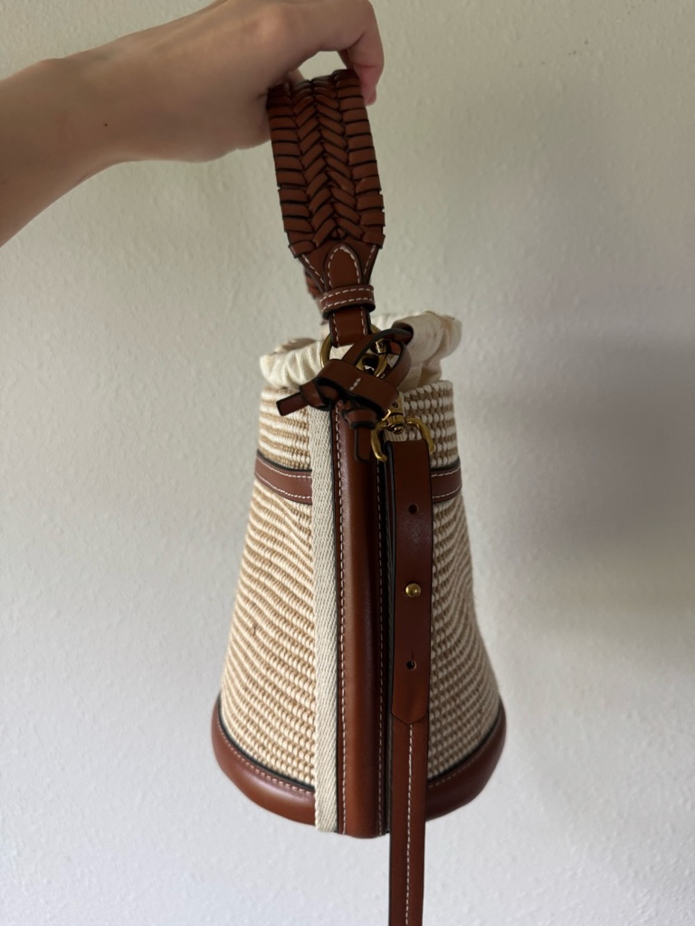 Zara Cream Woven Bucket Bag with Brown Leather Trim - Picture 8 of 12